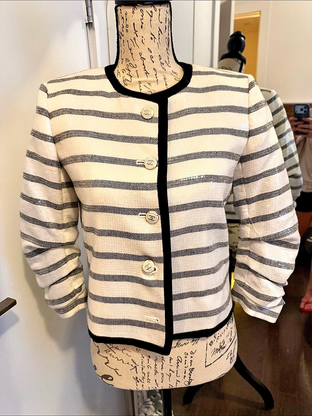 Karl Lagerfeld Paris Chanel Button Striped Sequin Trim Jacket Cream Black Size 0